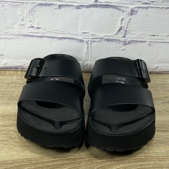 Papillio Birkenstock Almina Black Platform Sandals Women's 39 US 8 Leather Slide - Picture 2 of 9